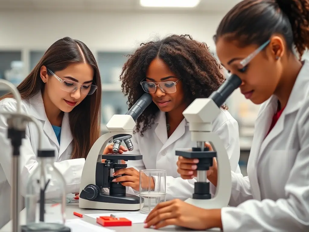 Young participants experimenting with scientific concepts in a lab setting, conducting experiments and analyzing data.