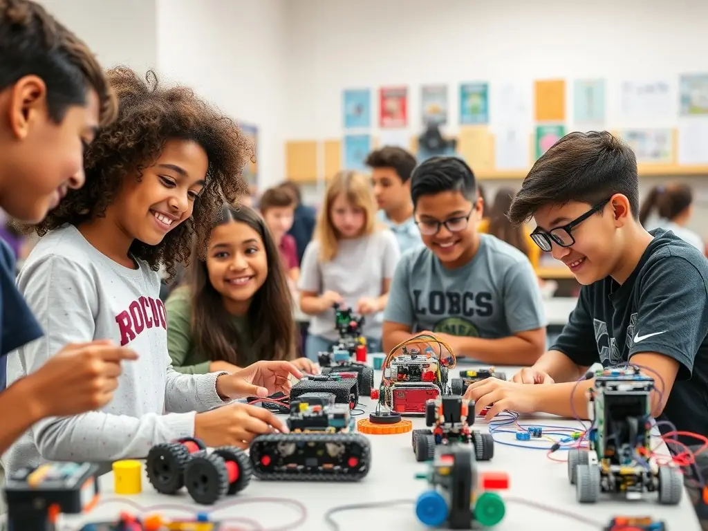 A group of young girls are enthusiastically participating in a robotics workshop, building and programming robots with guidance from mentors. The scene is brightly lit and filled with colorful equipment, showcasing the hands-on learning experience.