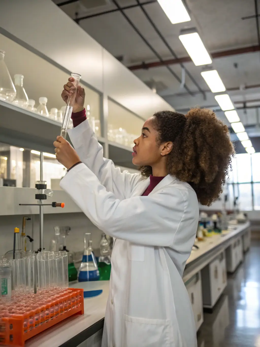 A young woman mentoring a group of girls in a science lab, conducting experiments and discussing scientific concepts, emphasizing the importance of mentorship in GeekGirls' science programs.