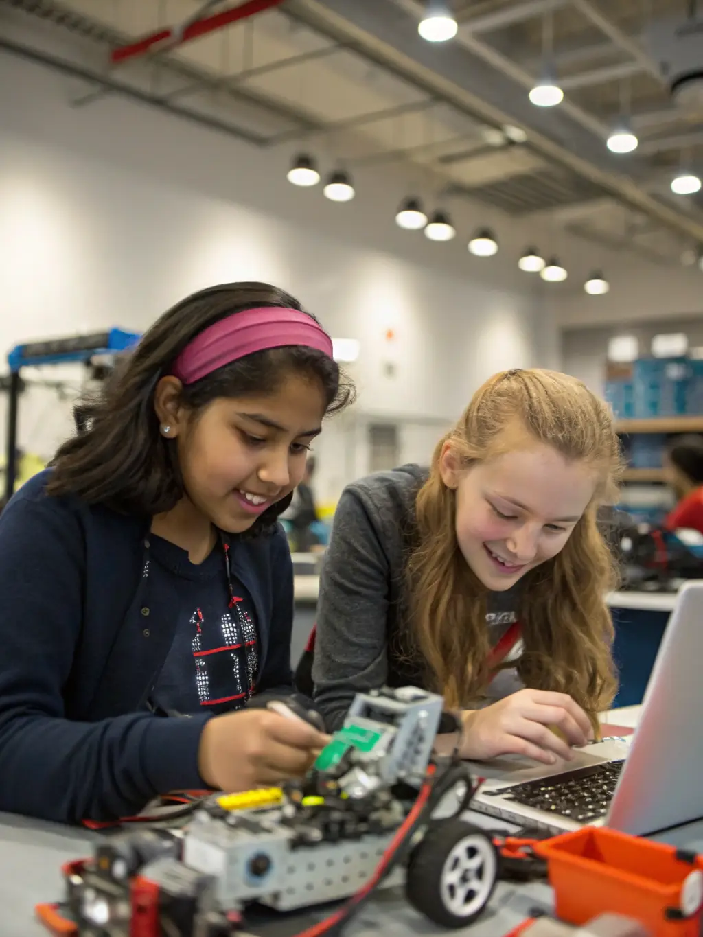 A group of young women are working on a robotics project, assembling circuits and programming robots. They are collaborating and problem-solving, showcasing the teamwork and innovation fostered by GeekGirls' robotics programs.