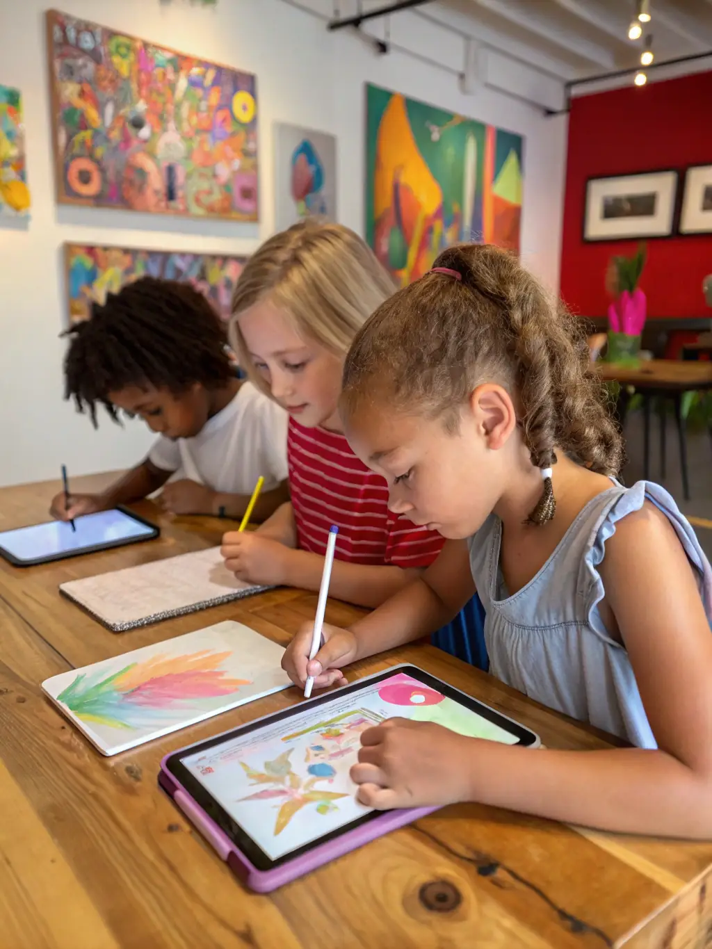 A group of girls creating digital art on tablets, showcasing the creative and artistic aspects of GeekGirls' STEAM programs.