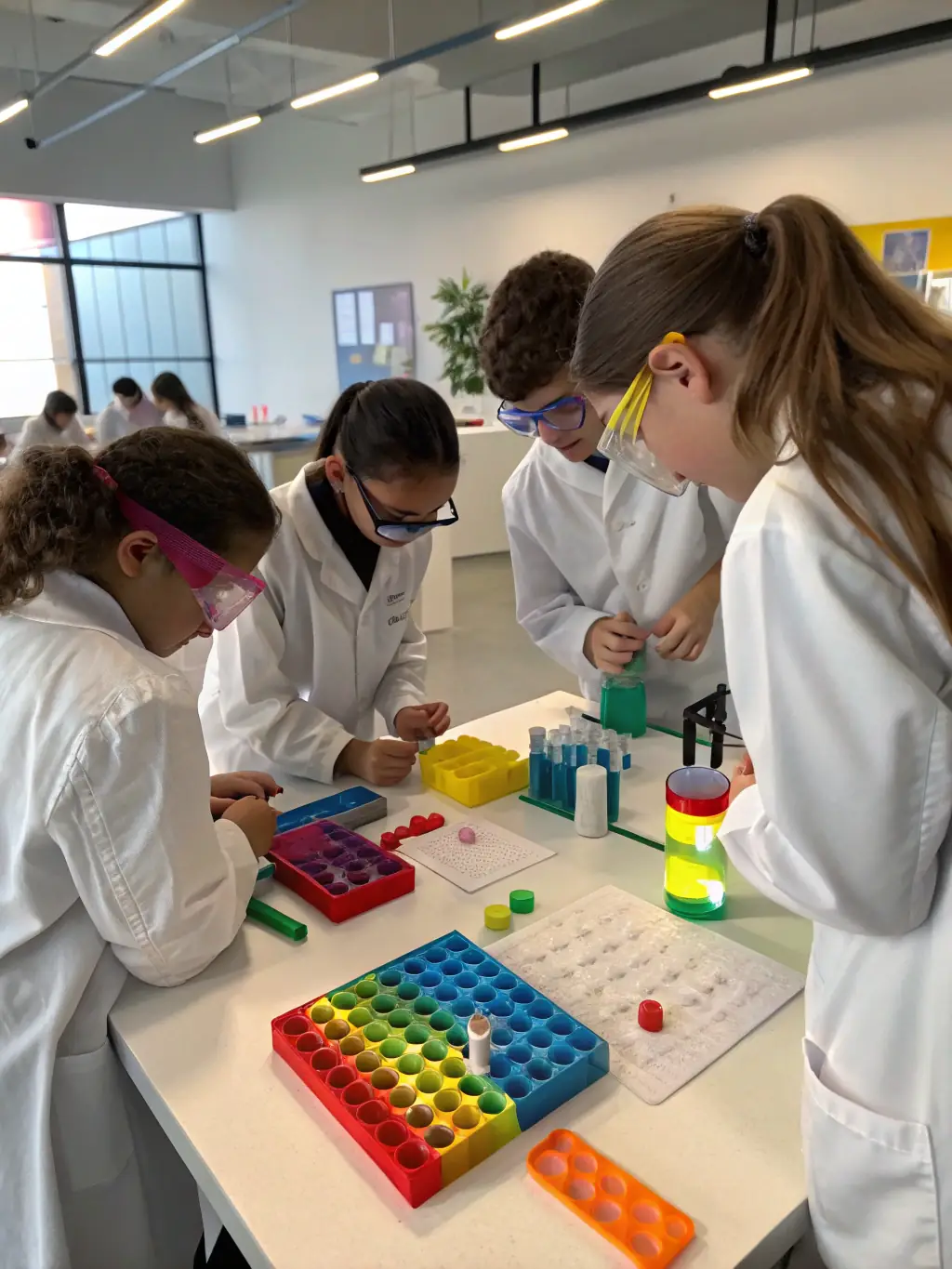 A diverse group of students are engaged in a hands-on science experiment, wearing lab coats and safety goggles. They are working together to build a model volcano, demonstrating the fun and interactive nature of GeekGirls' science programs.