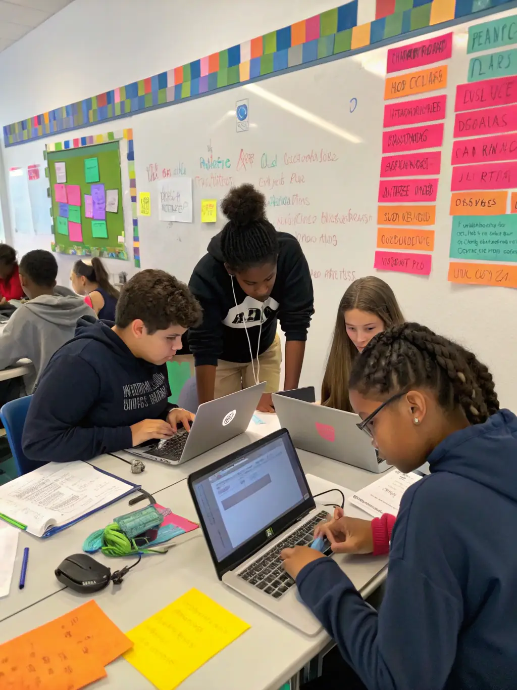 A group of young girls are enthusiastically participating in a coding workshop, surrounded by laptops and colorful learning materials. The atmosphere is collaborative and supportive, reflecting the inclusive environment of GeekGirls.